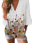White Printed Cotton Half Sleeve Patchwork Tops
