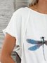 Vintage Short Sleeve Statement Dragonfly Printed Crew Neck Casual T-shirt