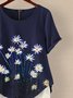 Dark Blue Floral Casual Tops