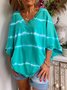 Green V Neck Cotton Casual Ombre/tie-Dye T-Shirts