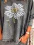 Women's Gray Long Sleeve Crew Neck Floral Cotton Shirt & Top