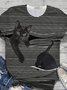 Cat Pattern Short Sleeve Striped T-shirt