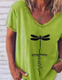 Green Casual Letter V Neck Cotton T-shirt