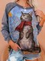 Gray Long Sleeve  CAT Print Sweatshirt