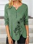 Basic T-shirt with green graphic print V-neck Floral-Print Long Sleeve T-shirt