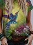 Colorful Flower Bird Painting Crew Neck Short Sleeve Casual T-shirt