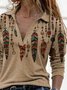 Women's Retro Western Feather Print Casual Lapel Long Sleeve Top