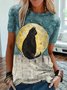 Women's Black Cat Sitting on The Fence Watercolor Painting T-shirt W