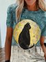 Women's Black Cat Sitting on The Fence Watercolor Painting T-shirt W