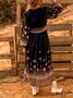 Black Chiffon Long Sleeve Tribal V Neck Weaving Dress