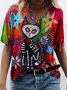 Halloween Cat Skull Painting Print T-shirt Casual T-shirt