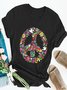 Vintage Floral Peace Printed Plus Size Short Sleeve Crew Neck Casual Tops