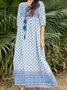 Blue Floral Casual V Neck Weaving Dress