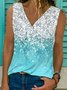 Floral-Print Sleeveless Casual Ombre/tie-Dye T-shirt