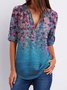 Floral   Half Sleeve  Printed  Polyester  V neck  Casual  Summer  Blue Top