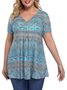 Women Plus Size L-6XL Pleated Henley Tops  V-Neck Loose Blouse Casual Tunic Shirt