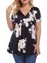 Women Plus Size Pleated Henley Tops Floral V-Neck Loose Blouse Casual Tunic Shirt