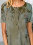 Floral  Short Sleeve  Printed Cotton-blend  Crew Neck Casual  Summer  Khaki Top