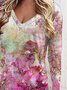 Casual and simple floral gradient color printing V-neck long-sleeved polyester cotton T-shirt
