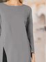 Casual and simple plain round neck long-sleeved polyester-cotton T-shirt with slits