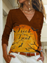 Casual Trick And Treat Letter Color Block V-neck Top Women