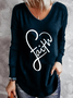 Heart Print Letter V-Neck Long Sleeves T-shirt