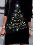Christmas Tree Print Casual Long Sleeve V-neck Mini Knitting Dress