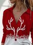 Christmas Elk Print Long Sleeve Lapel T-shirt & Top