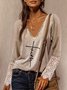 Long sleeve V-neck plain letter printed lace Resort Letter Casual Shirts & Tops Plus Size Gliter Sequins