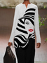 Art Print White Black Color Block V-neck Long Sleeve Casual Maxi Dresses