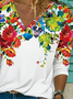 Cotton Blends Floral V Neck Long Sleeve T-shirt