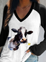 Women's V Neck Animal Regular Fit Cow Long Sleeve T-shirt