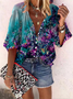 Vacation Floral V Neck Mid Sleeve Blouse