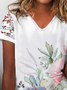 Floral Print Summer New Bestseller Lace Panel Short Sleeve T-Shirt for Women