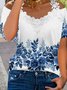Holiday ink painting gradient flower lace wide truffle shoulder top T-shirt Plus Size