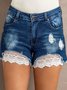 Blue and white lace cuffs distressed denim shorts Plain Loosen Denim Shorts
