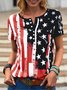 Women's Geometric gradient star button Easter American flag print top T-shirt