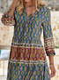 Casual Ethnic Autumn V neck Natural Loose Midi Cotton-Blend Regular Size Dress for Women