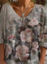 Women Casual Floral Autumn V neck Daily Long sleeve Off Shoulder Sleeve H-Line Regular Size T-shirt