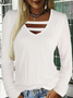 V-neck Cutout Casual Loose Solid Color Long-sleeved T-shirt