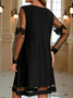 V Neck Urban Solid Lace Long Sleeves Shift Knee Length Little Black/Casual Dress