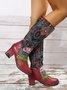 Vintage Ethnic Patchwork Floral Chunky Heel Boots
