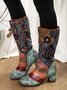 Vintage Ethnic Patchwork Floral Chunky Heel Boots
