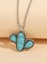 Western Style Silver Metal Turquoise Cactus Long Necklace Sweater Chain