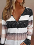 Casual RStriped Glitter Print Zip Front Long Sleeve Top