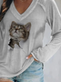 Casual Cat V Neck Raglan Sleeve T-Shirt