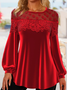 Casual Lace Velvet Stitching Red Valentines Round Neck Top