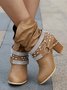 Plus Size Rhinestone Rivets Chunky Heel  Slouchy Boots with Buckle Strap