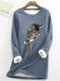 Women Funny Simple Crew Neck Cat Warmth Fleece Sweatshirt
