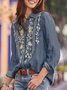 Embroidery Patterns Denim Casual Shirt Collar Blouse